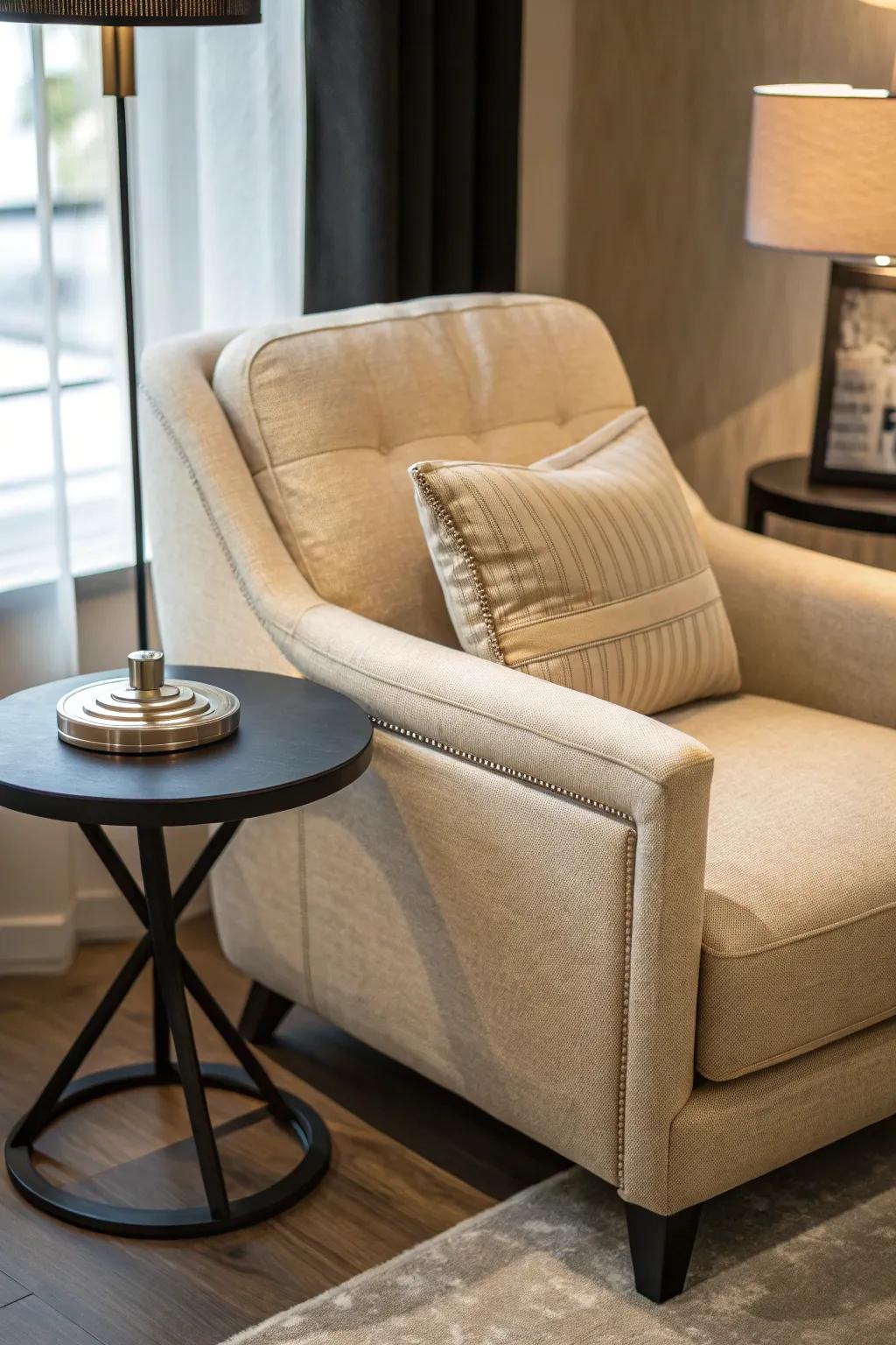 Create a cozy reading nook with a beige armchair and black table.