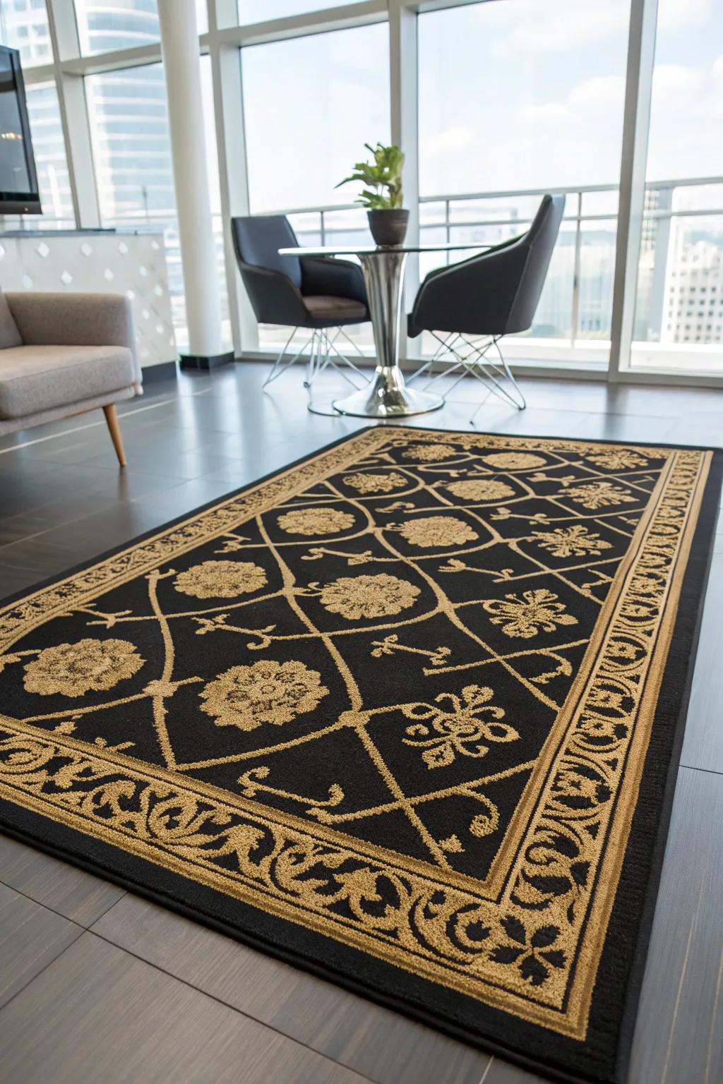 An ebony and gilded floor covering brings warmth and design to your office décor.