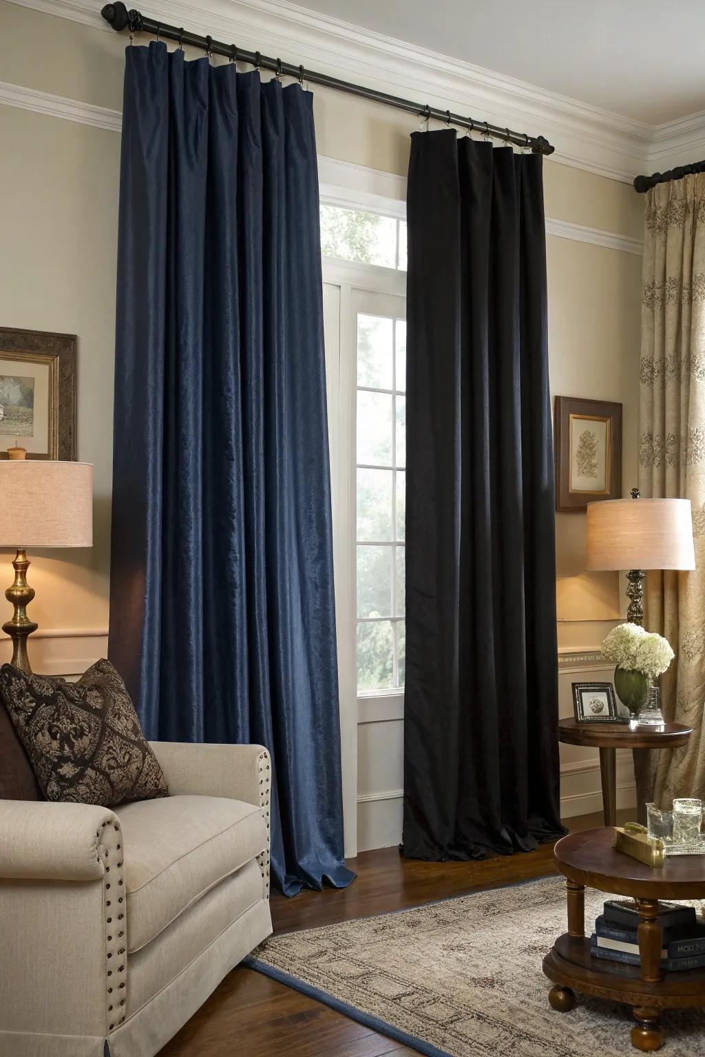 Dark cyan and ebony draperies add luxury and elegance.
