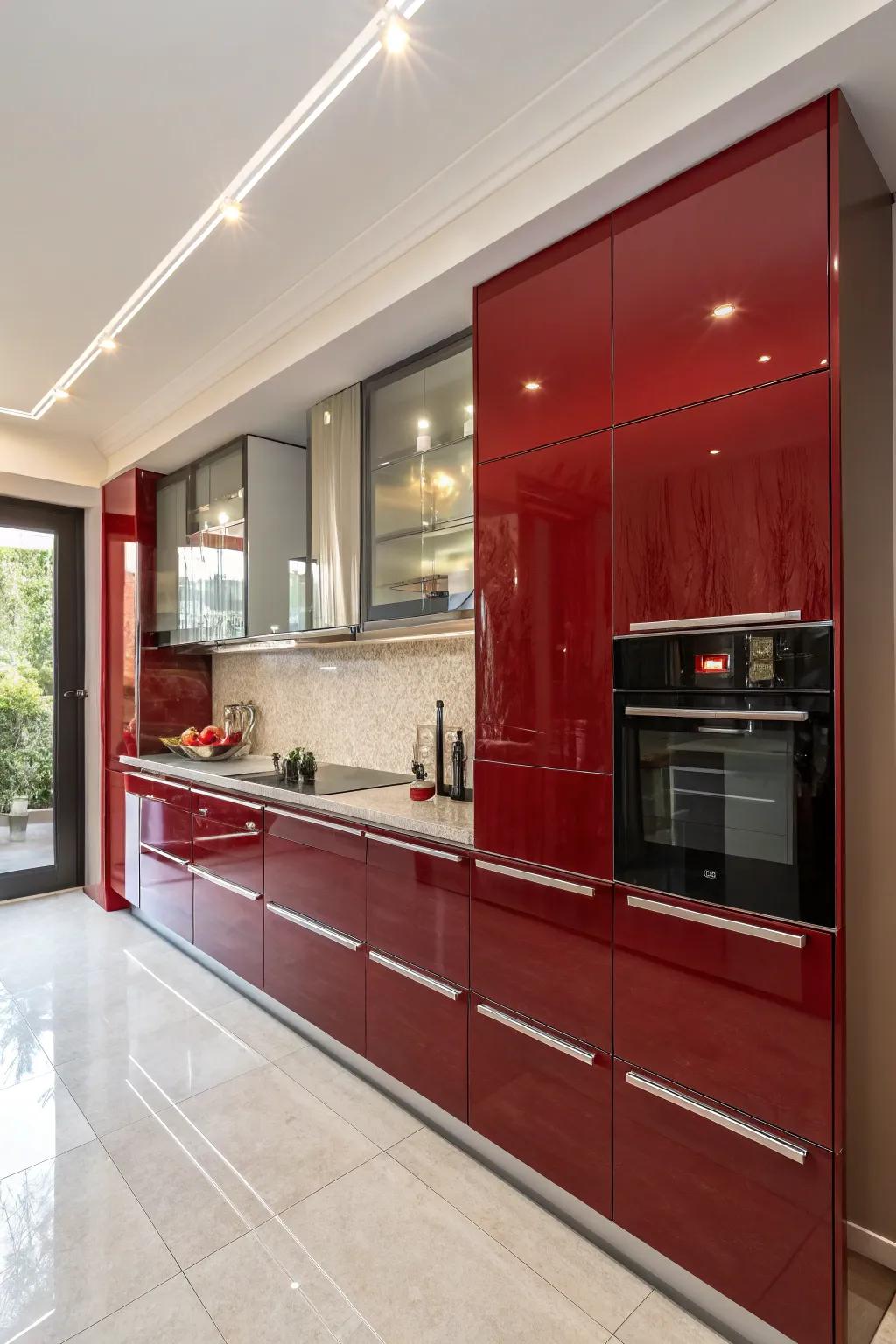 Glossy red cabinets add sophistication to the kitchen design.