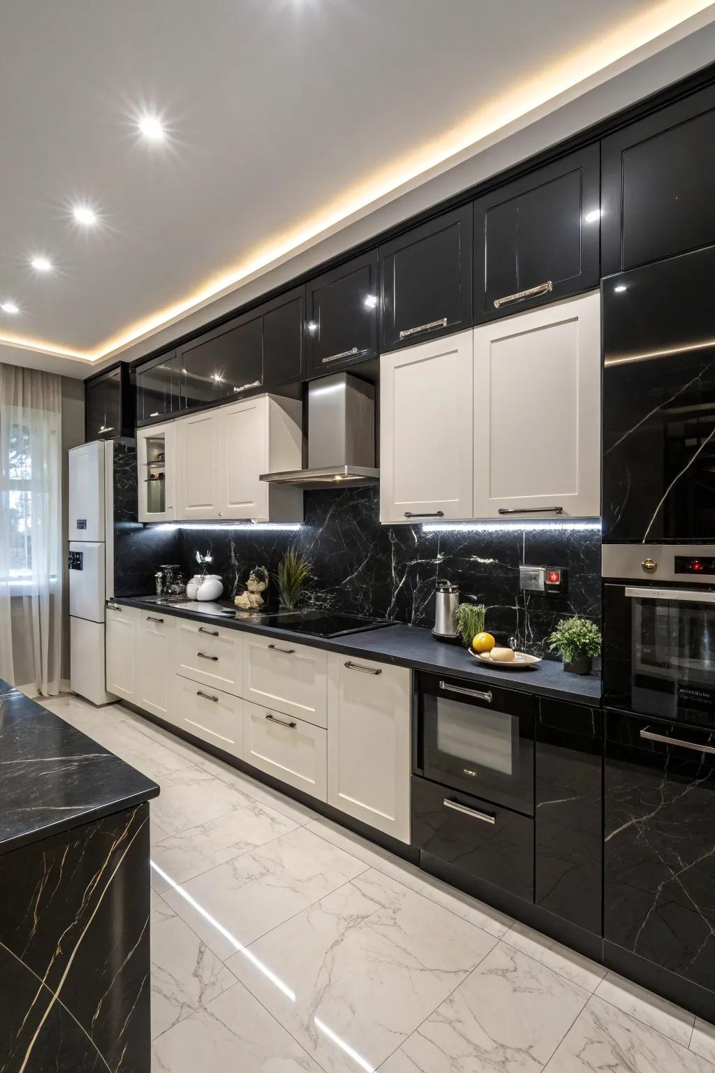 Monochrome palette with ebony countertops and cupboards.