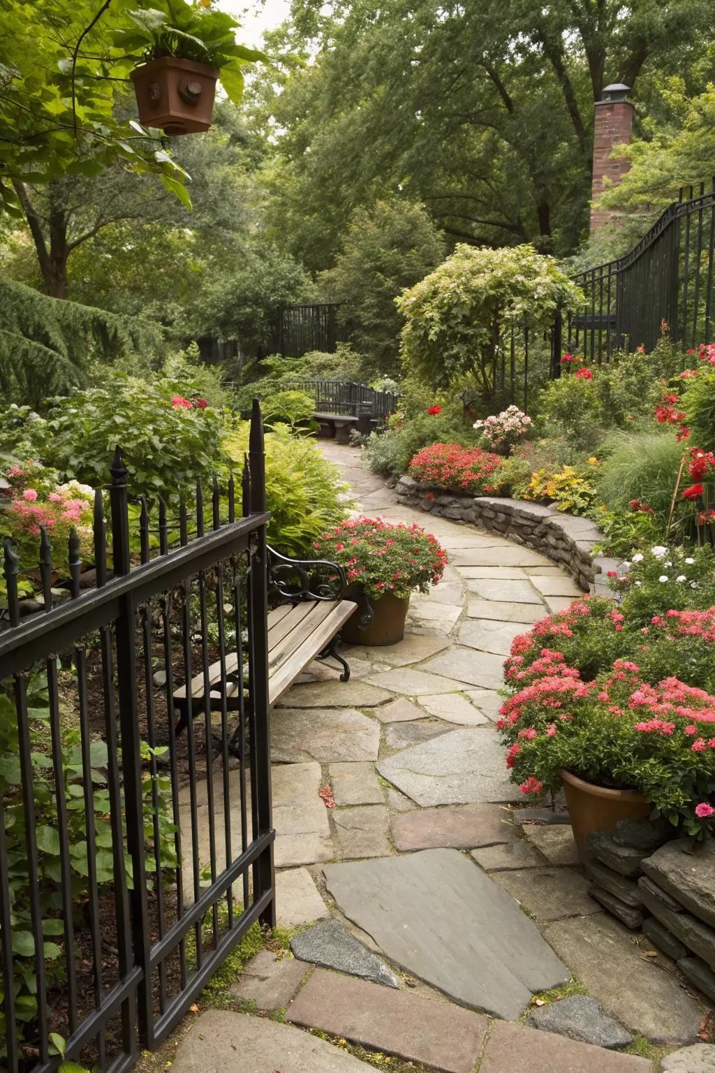 A rustic garden with a charming black fence and stone pathways.