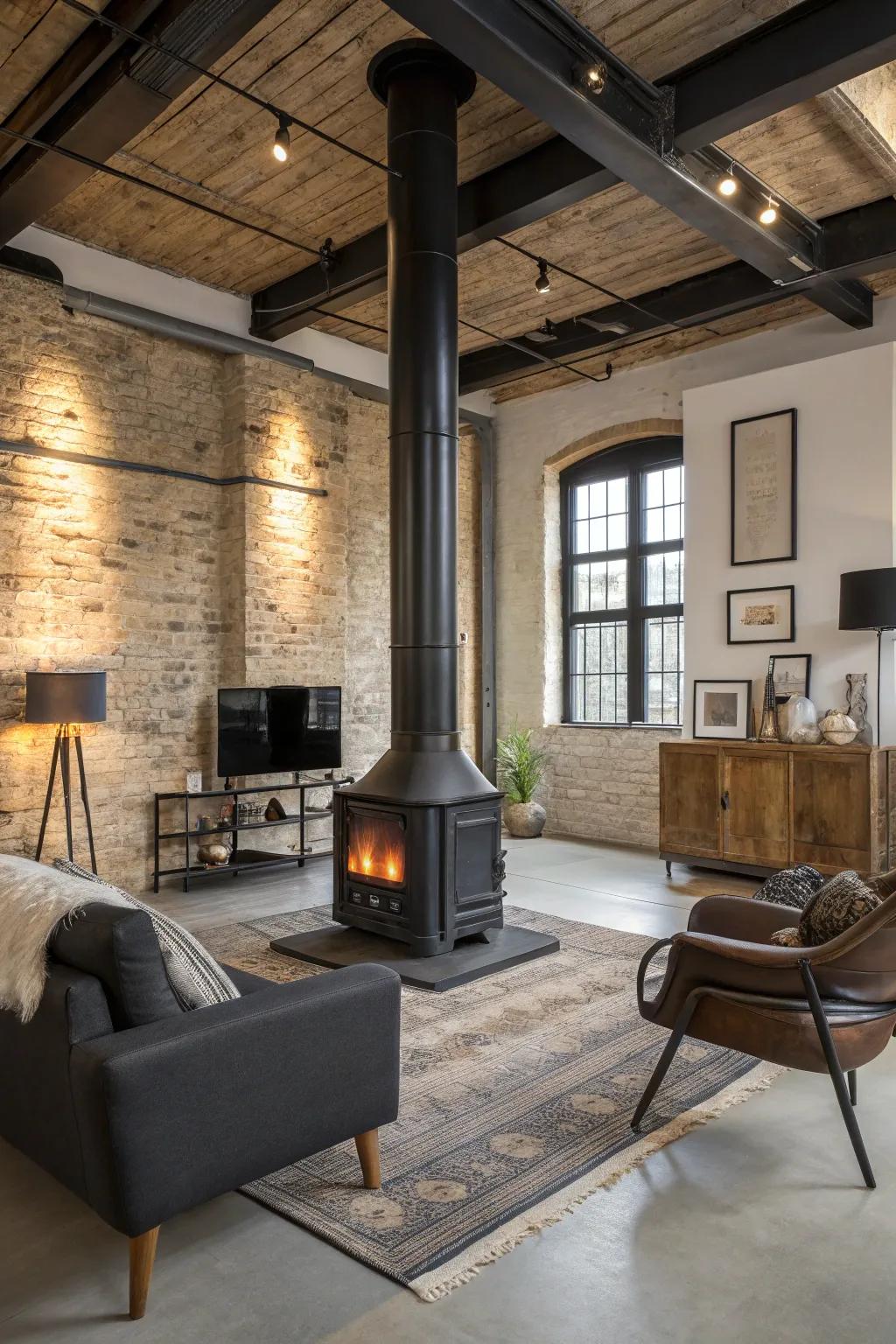Add a modern industrial edge with a sleek black metal fireplace.