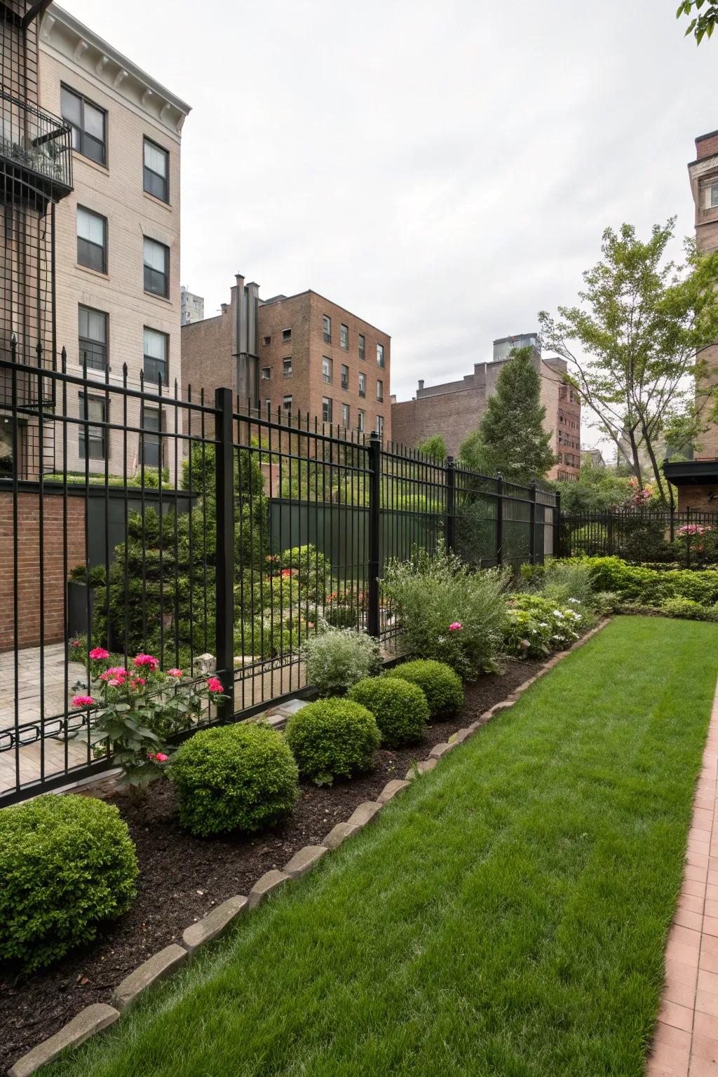Construct a tranquil haven in the city with a dark wire fence.