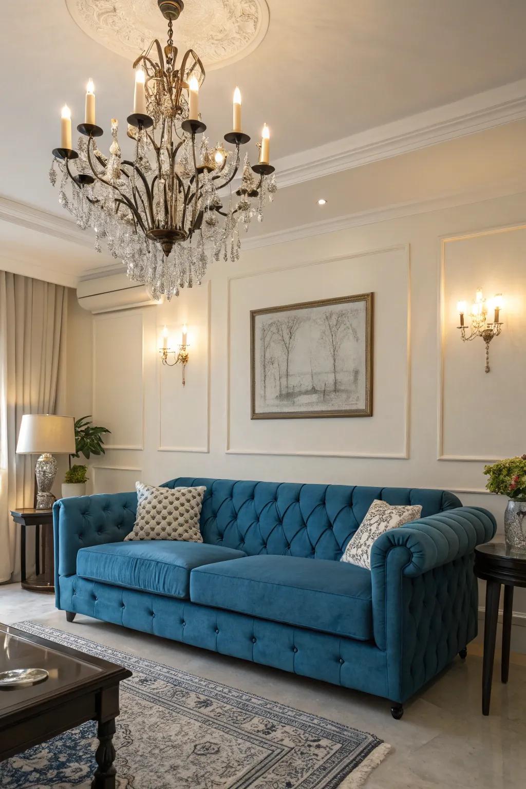 Statement lighting adds drama and elegance to the room.