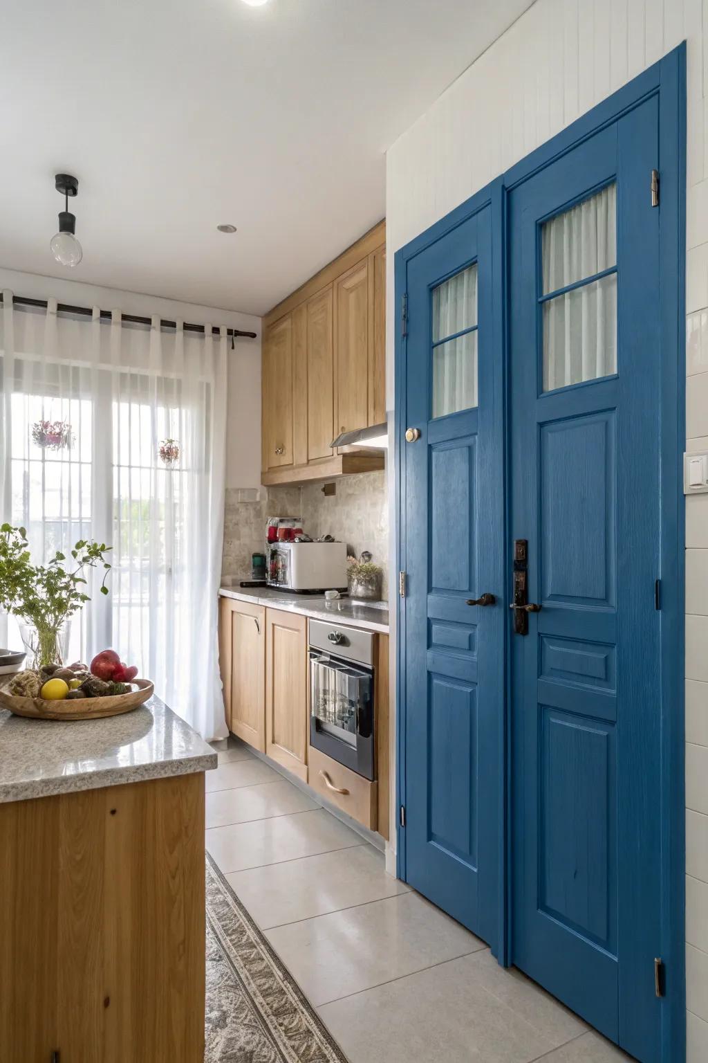 Azure larder facades bring a burst of color to the kitchen.