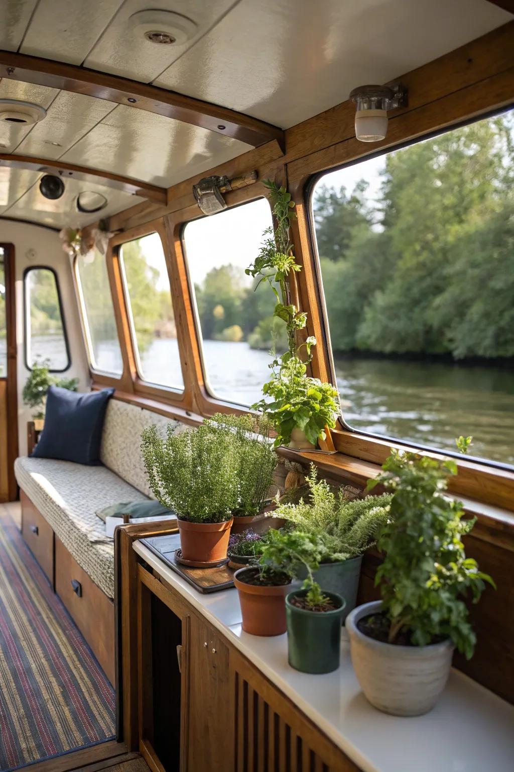 Small plants add a touch of nature and freshness to the boat.