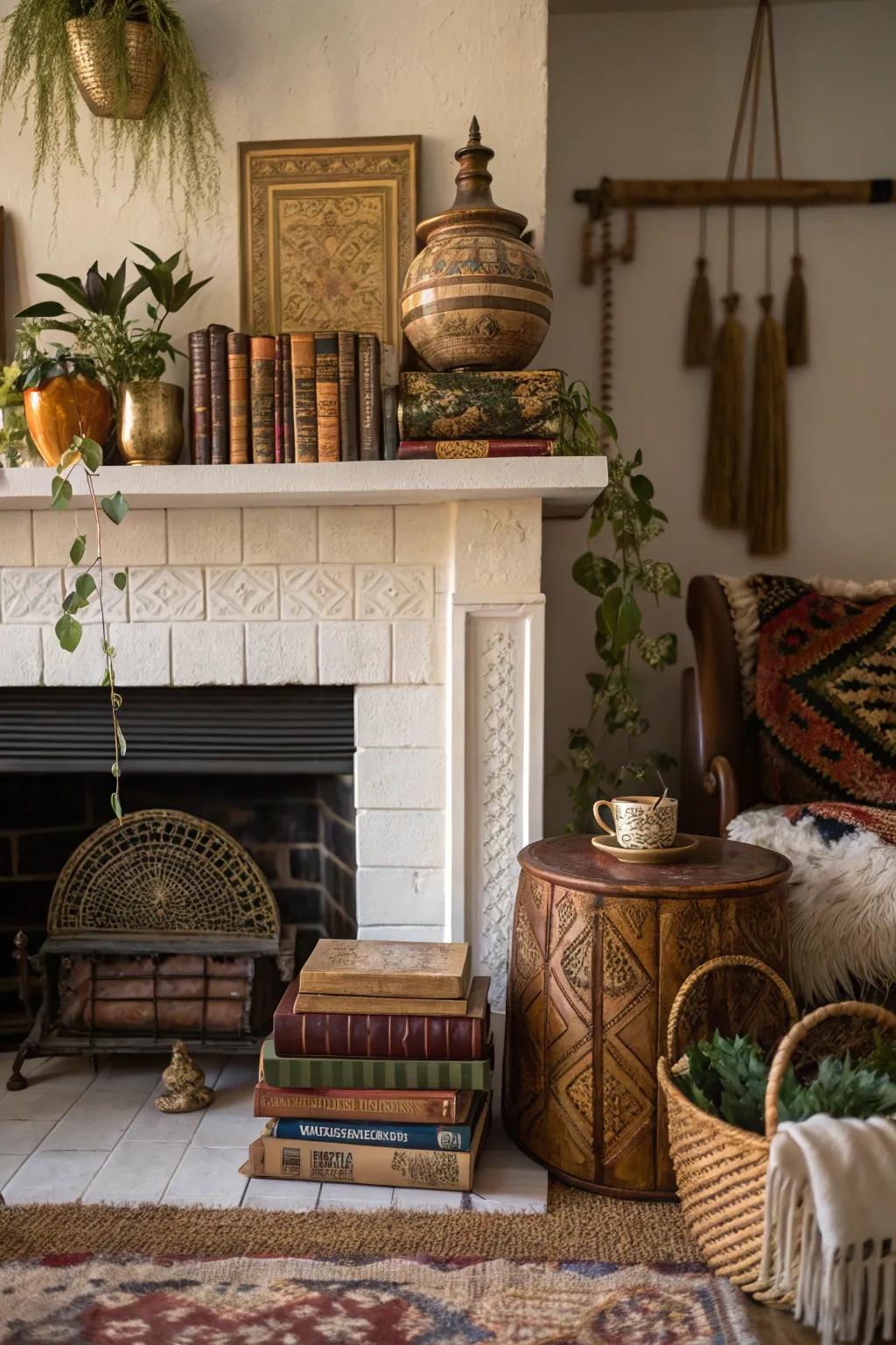 A fireplace styled with old items, creating an eclectic bohemian appearance.