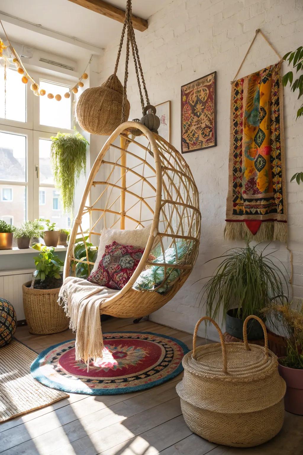 A suspended seat offers a whimsical and peaceful retreat in your boho loft.