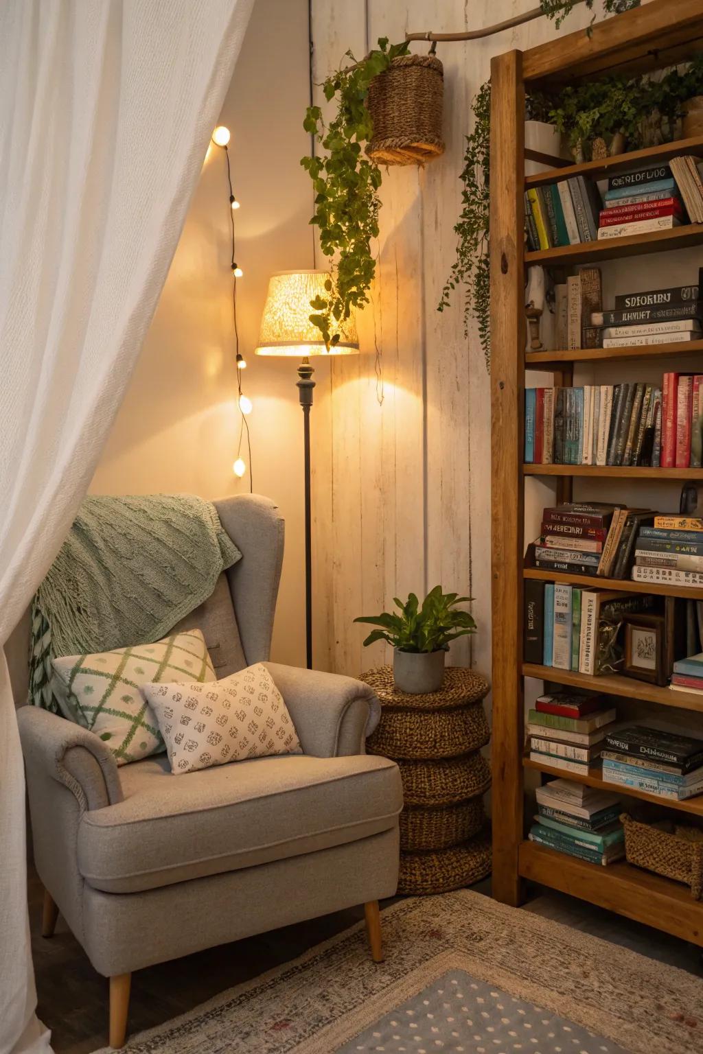 A snug corner nook that maximizes diminutive expanses.
