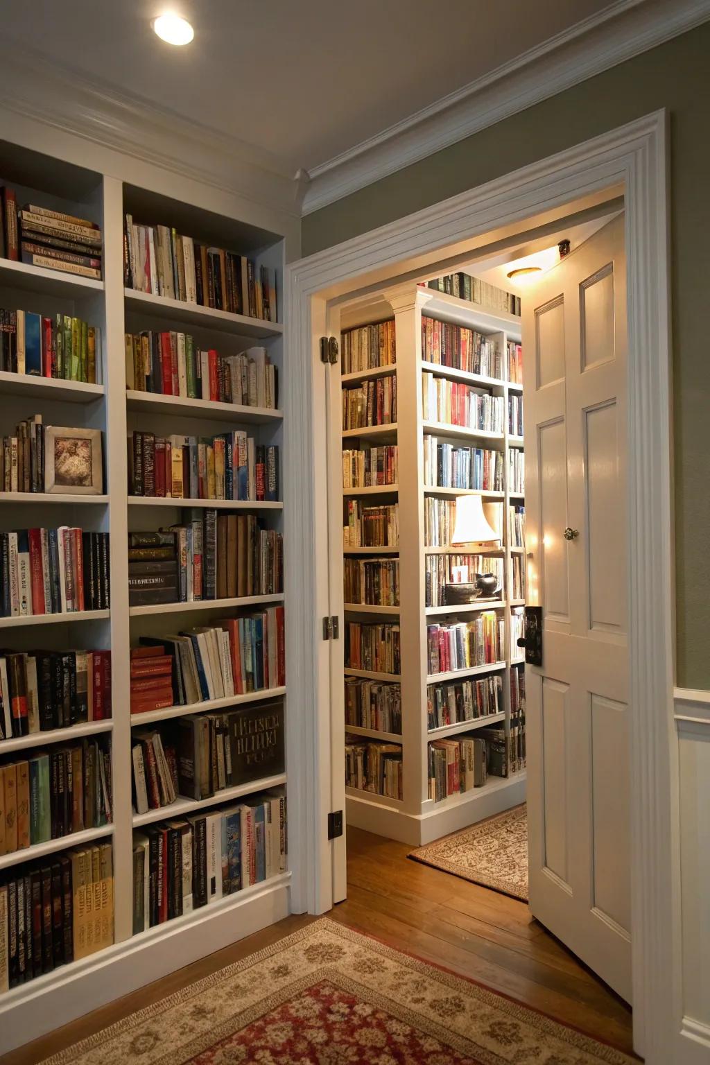 A hidden library door adds mystery and charm.