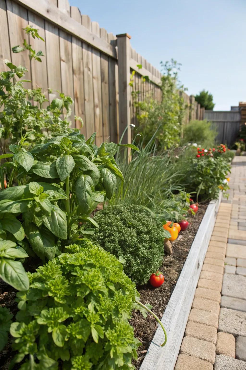 A practical garden border with edible herbs.