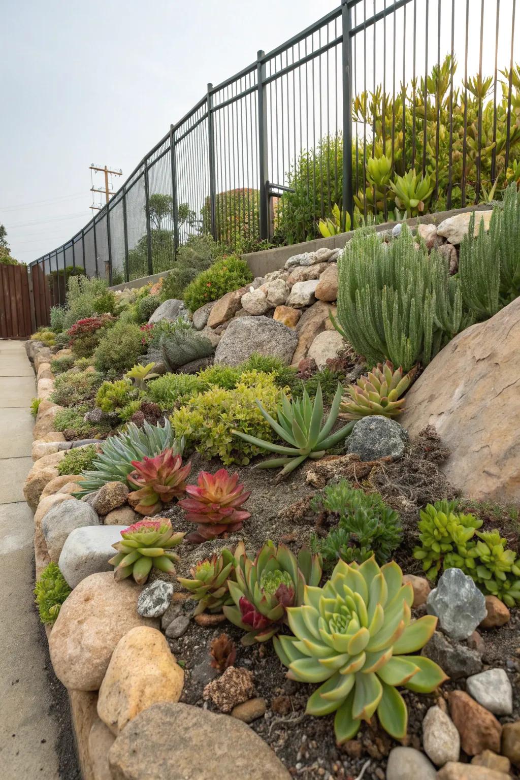 A rock garden adds texture and interest.