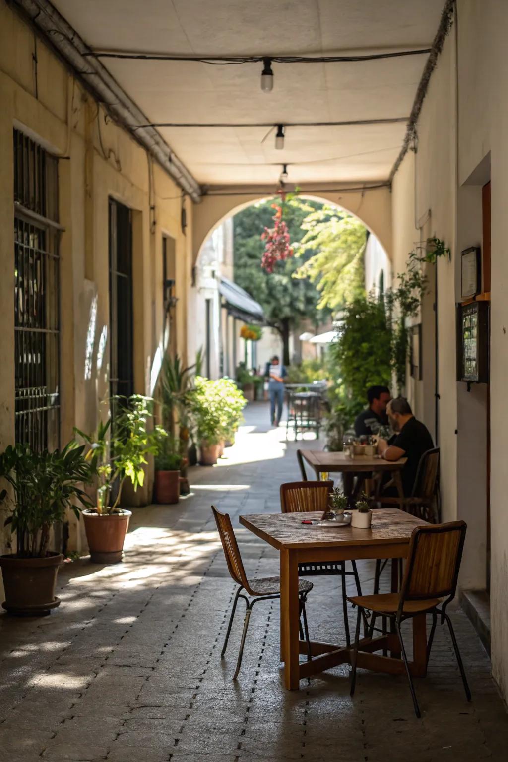 An inviting open-air dining spot nestled in the breezeway.