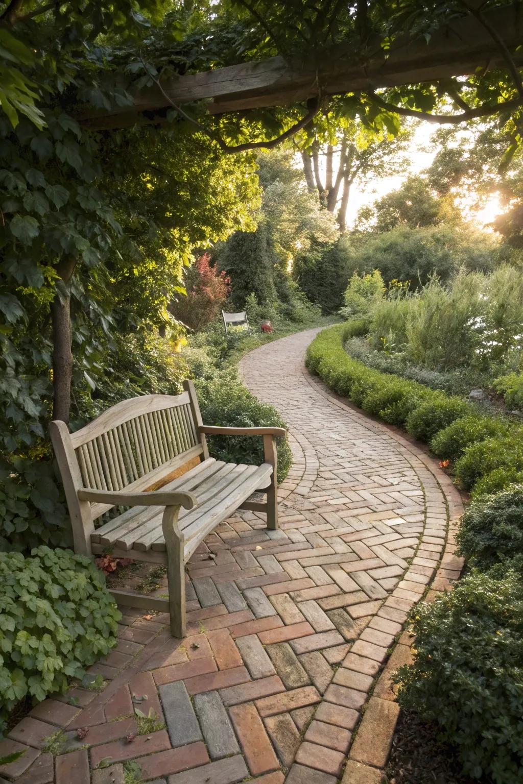 Find tranquility with a cozy seating nook along your garden path, where simplicity meets nature’s beauty.