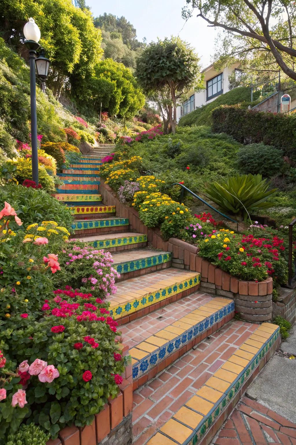 Vibrant brick steps adding color to a garden path.