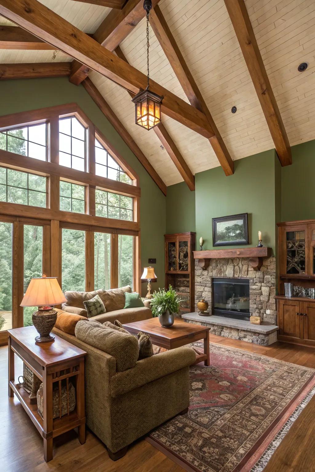 Wooden beams add architectural interest and depth to the room.