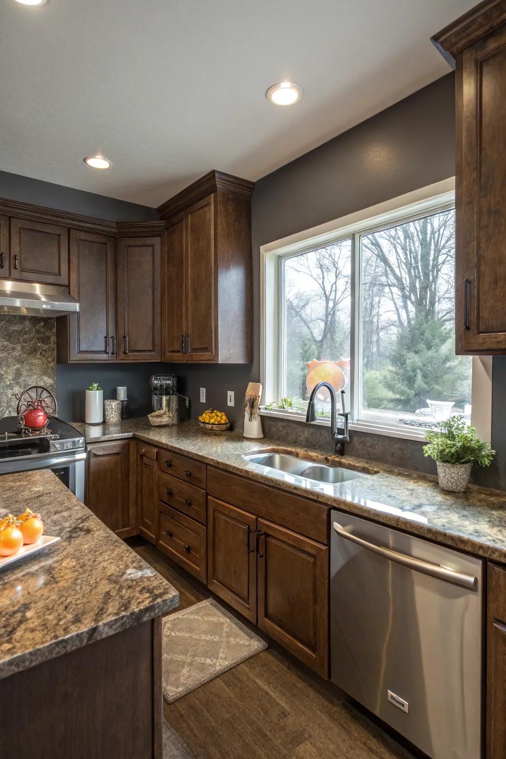 Ashy graphite walls provide a dramatic, modern contrast.