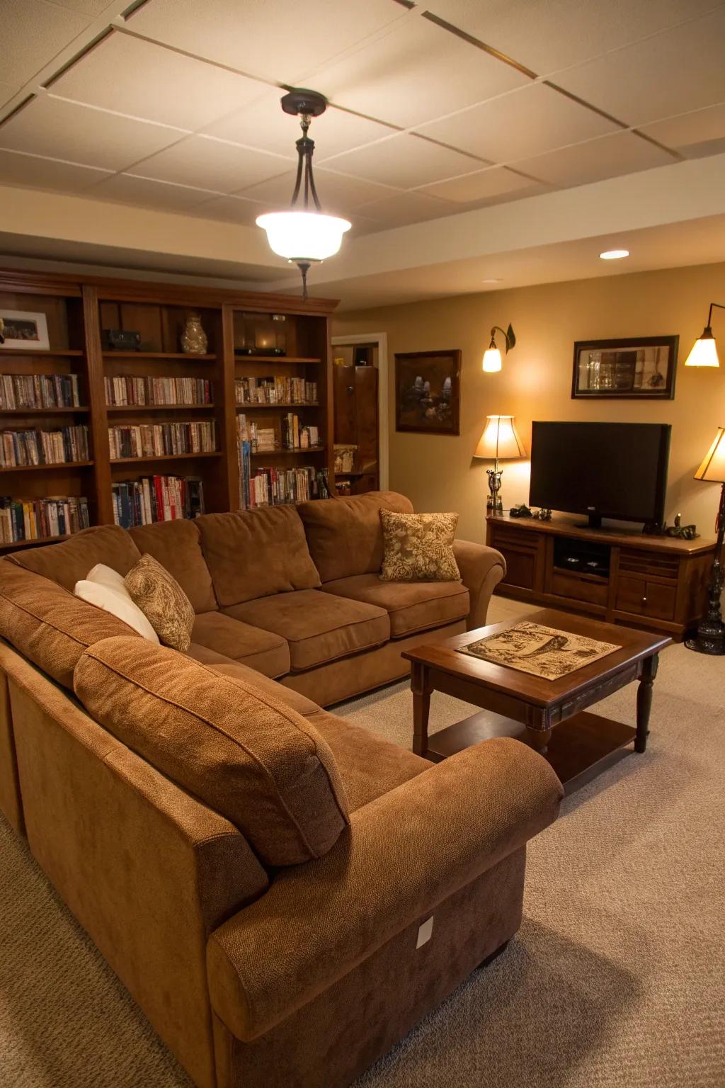 Warm lighting enhances the cozy atmosphere of a brown sectional living room.