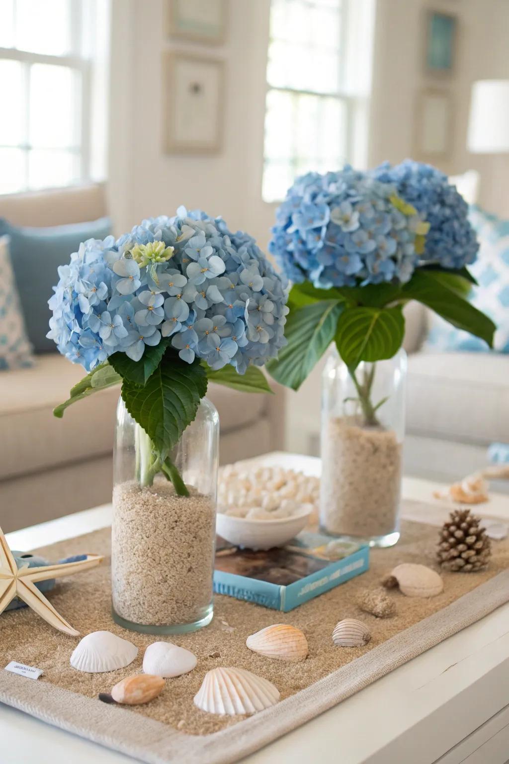 Bring coastal vibes indoors with azure hydrangeas.