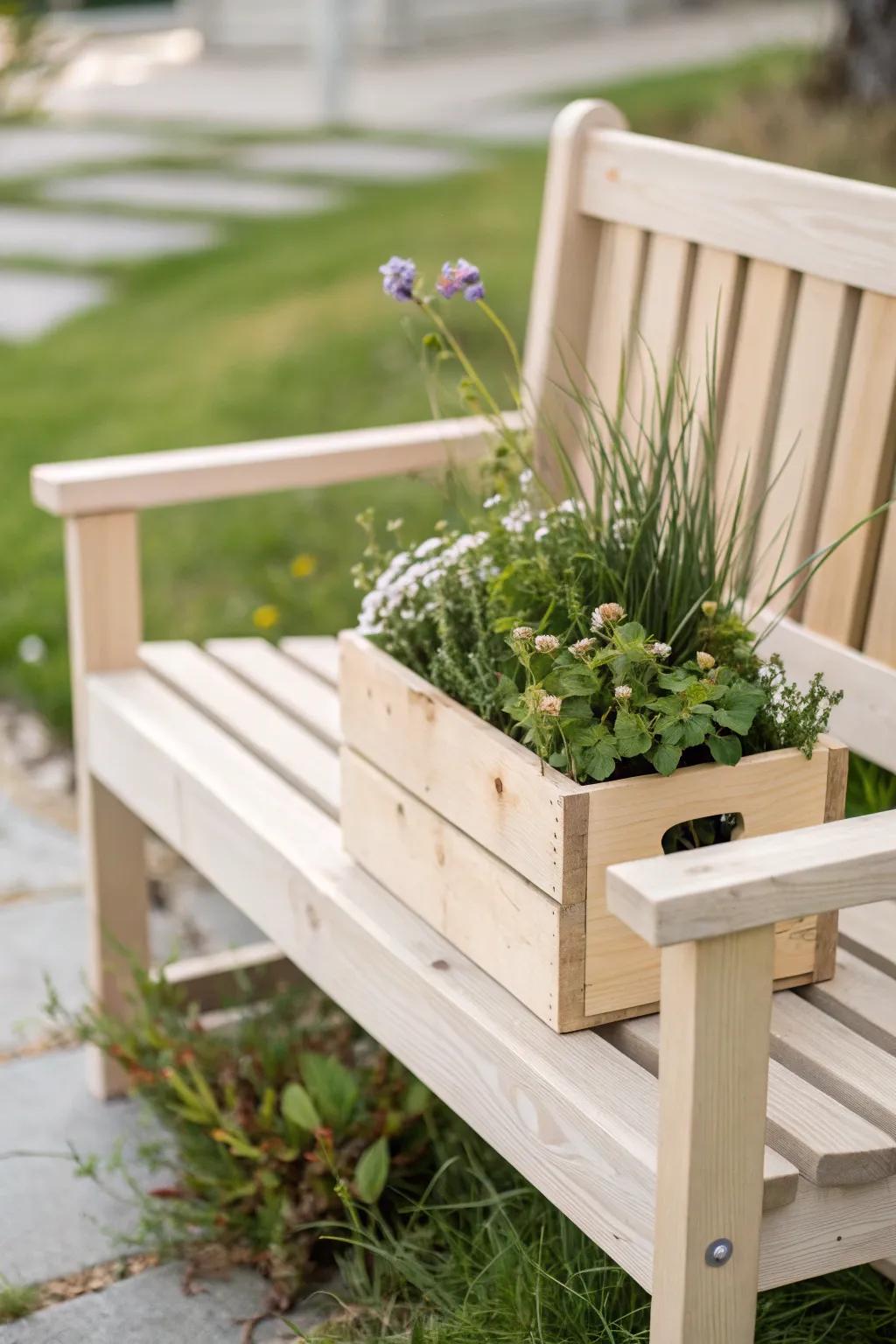 Transform your outdoor space with a touch of nature—eco-friendly elegance meets minimalist design in this stunning buddy bench with a built-in planter.