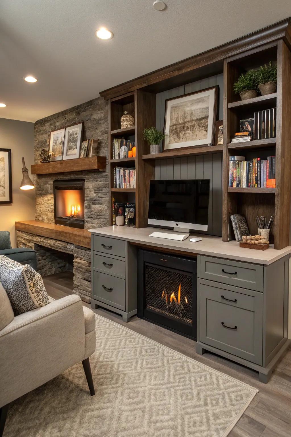 A dual-purpose design combines entertainment and functionality with an integrated workspace.