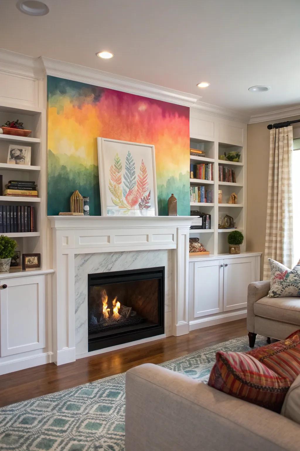 A bold splash of color breathes vitality into fireplace built-ins.