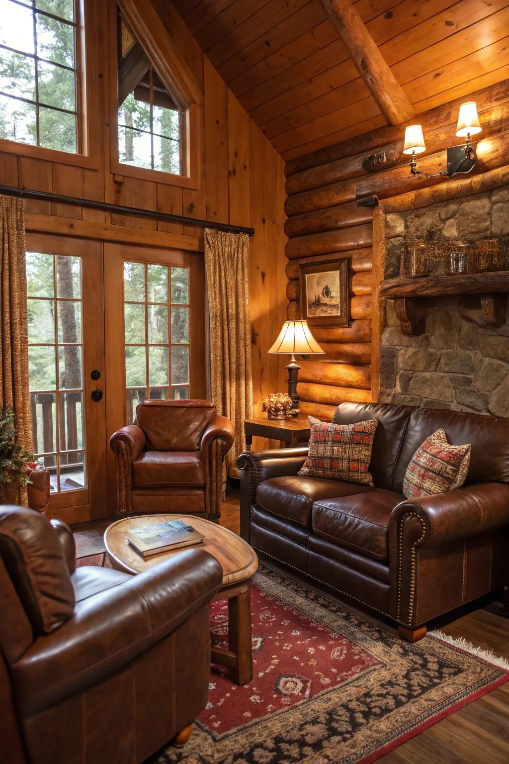 Leather accents bring a countryside and enduring elegance to the cabin.