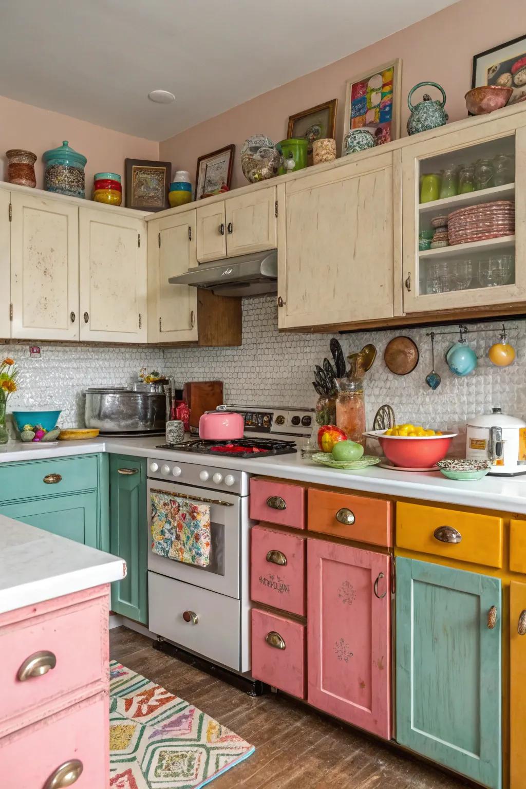 Mismatched knobs create an eclectic and personalized kitchen style.