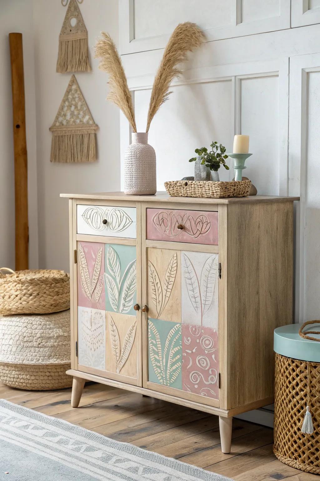 Discover the art of eclectic elegance with our uniquely painted cabinet.