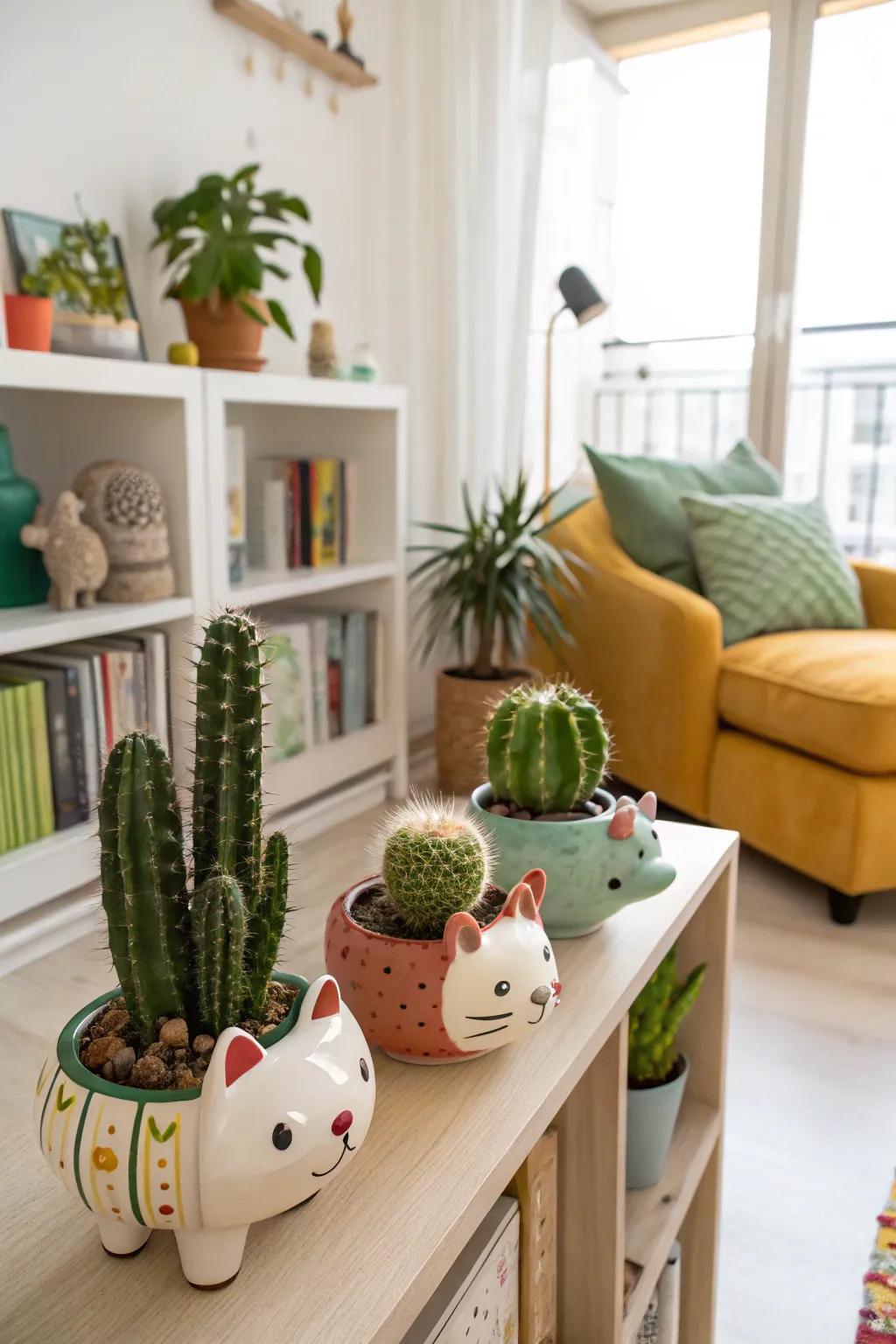 Stoneware creature planters infuse a playful accent into your cactus gathering.