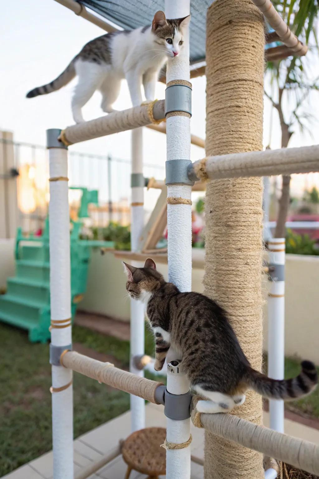 A PVC pipe jungle gym offering endless climbing fun for cats.