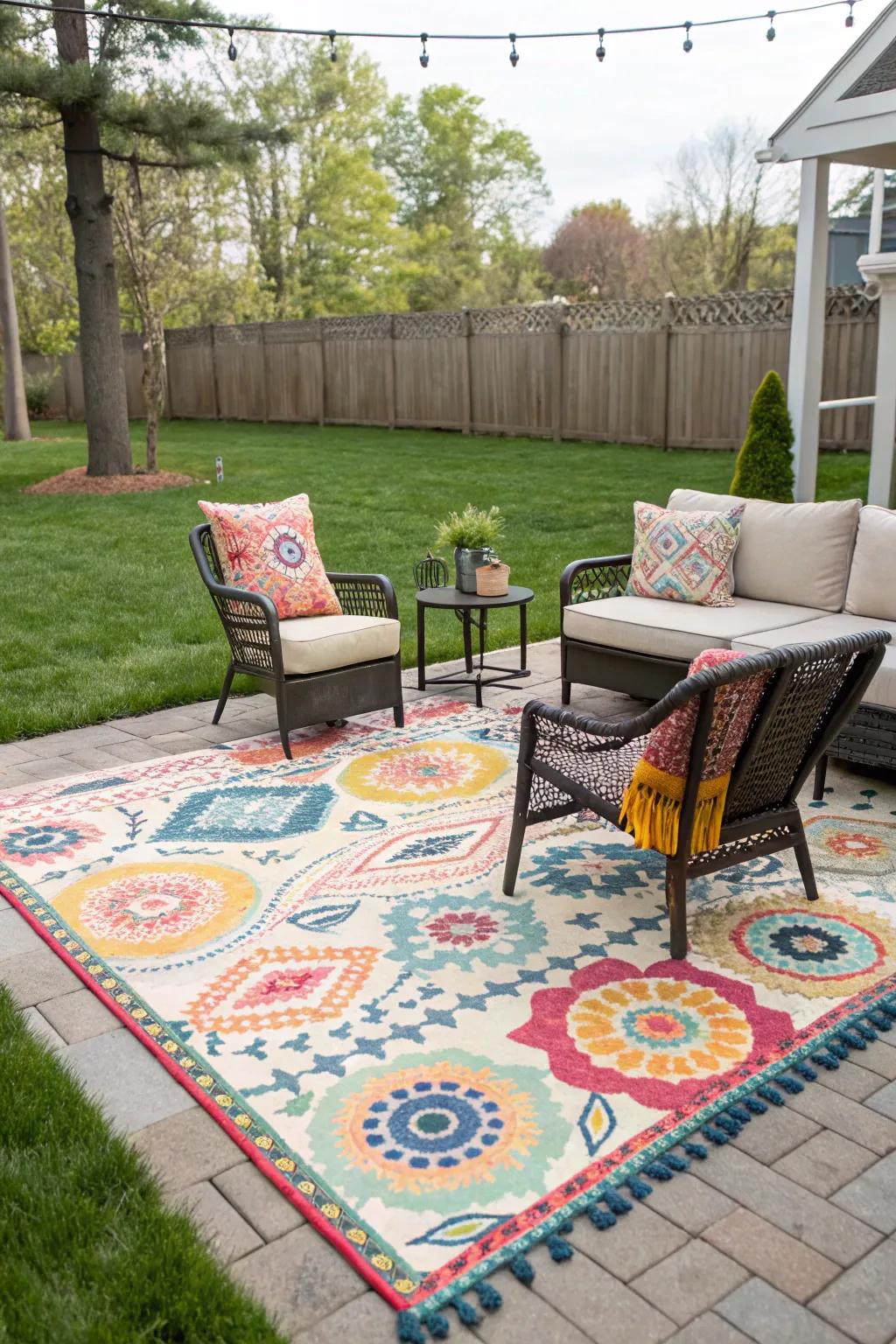 Outdoor rugs append color and comfort to seating areas.