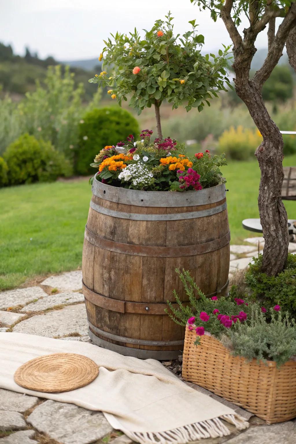 Transform your garden with rustic charm using whiskey barrel planters. 🌿🌺 #GardenInspiration #ScandiBoho