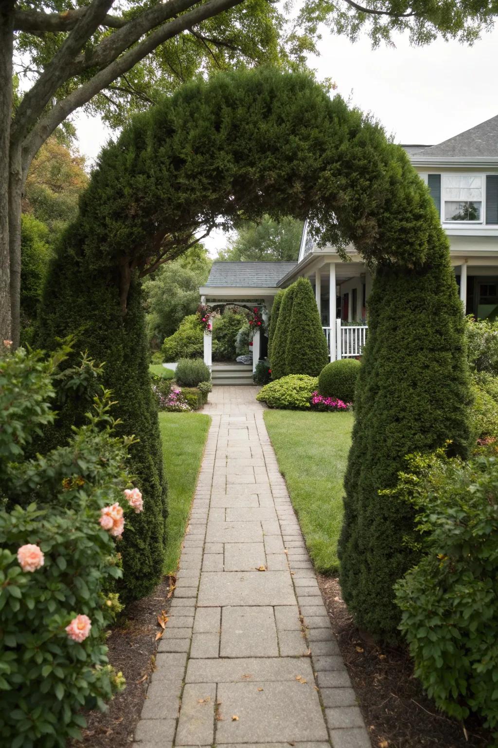 Bushes frame your entryway, offering a warm welcome.