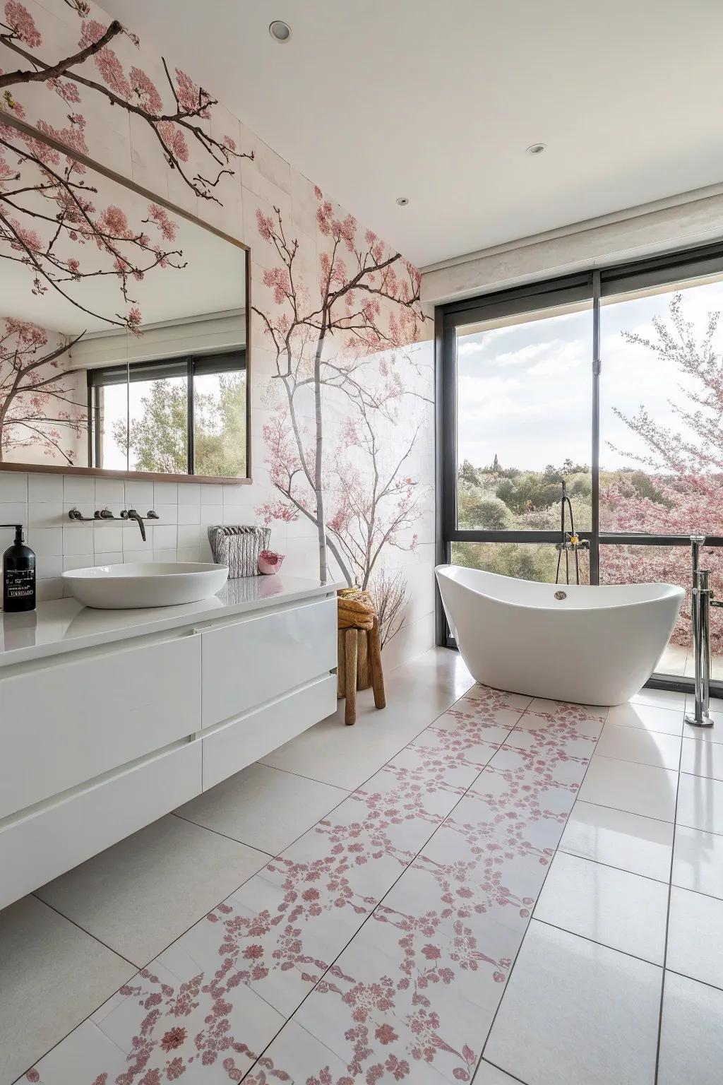 Cherry blossom tiles add a refined touch to this modern bathroom.