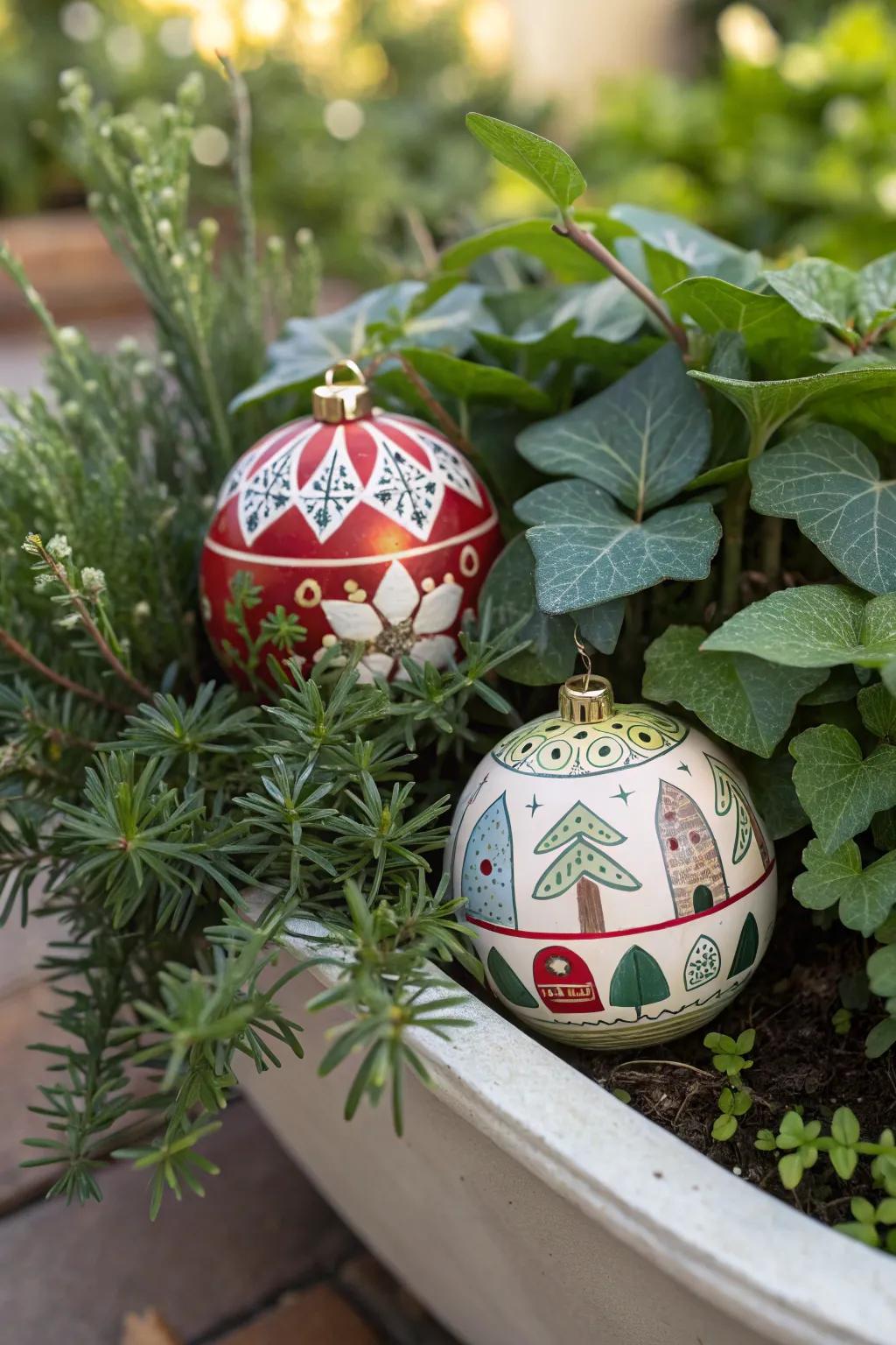 Ornaments add a fun and festive surprise to your planters.