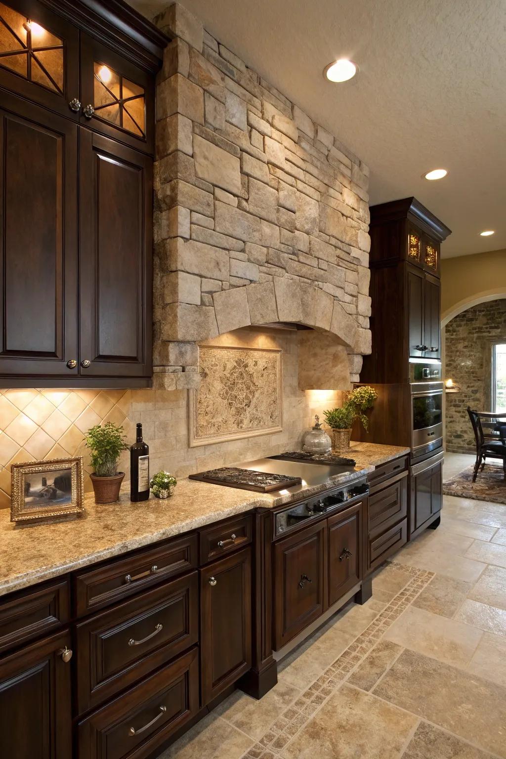 Raw stone backsplash incorporates organic elegance to this kitchen.