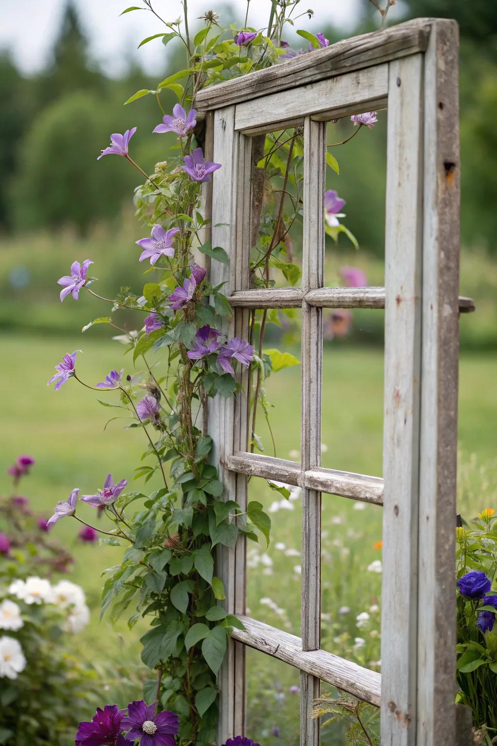A reclaimed window frame offers a classic backdrop for clematis.