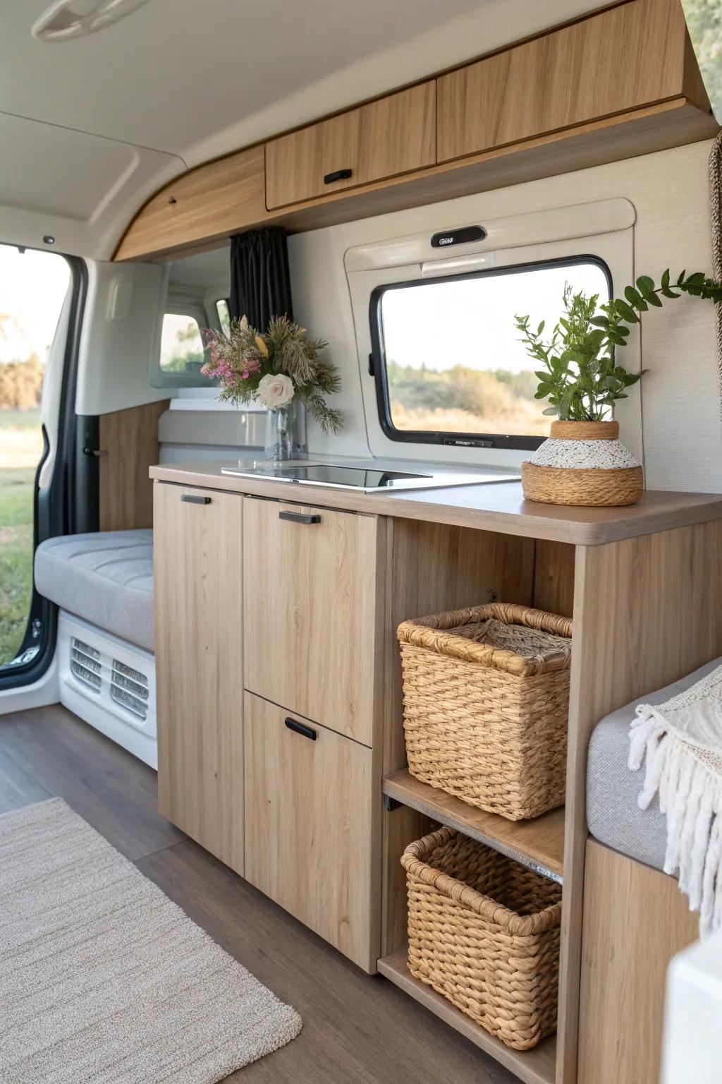 Discover the elegance of a hidden trash compartment in your campervan kitchen. Keep it clean and chic!