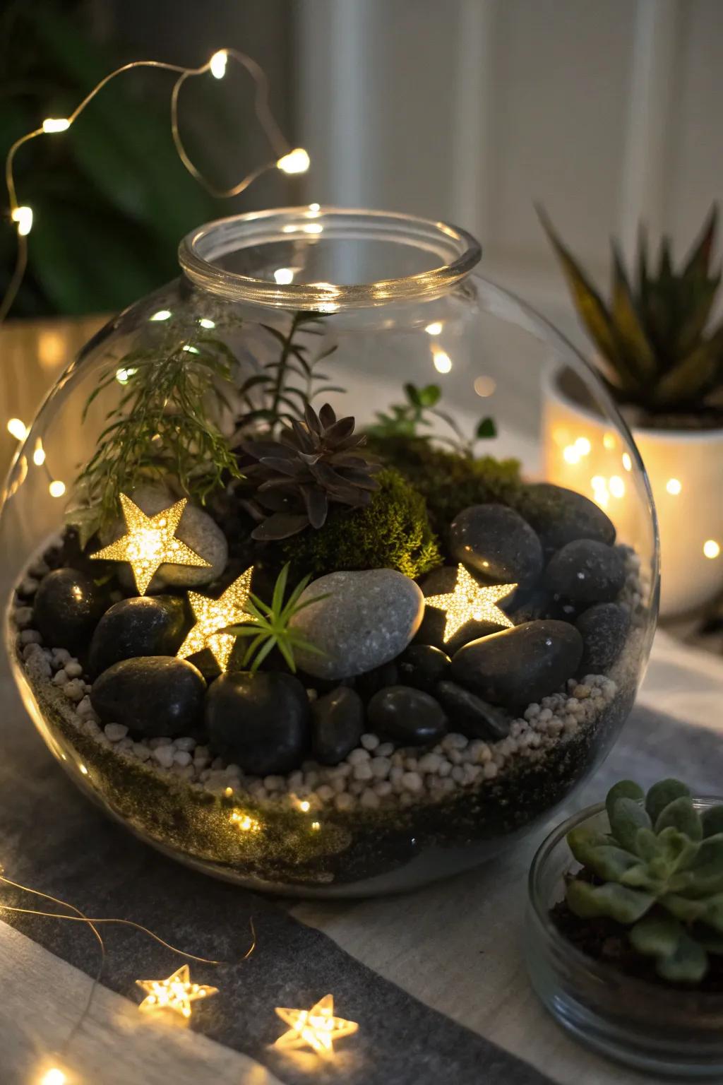 A celestial nightscape terrarium, perfect for stargazers.