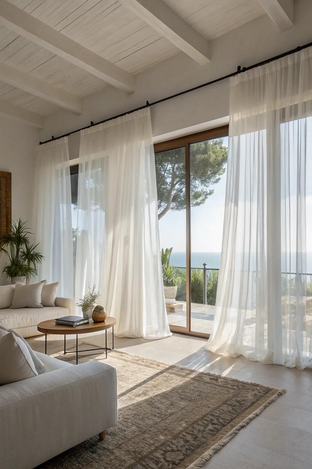 Diaphanous drapes evoke an airy, coastal sensation.