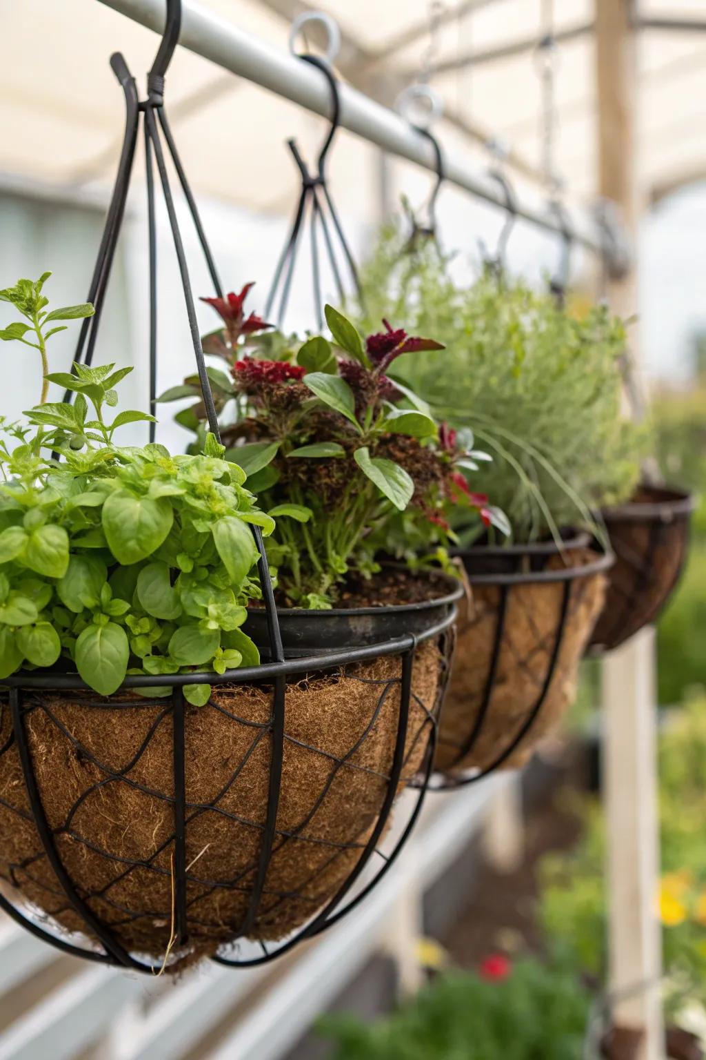 A hanging herb rack keeps fresh flavors at your fingertips.