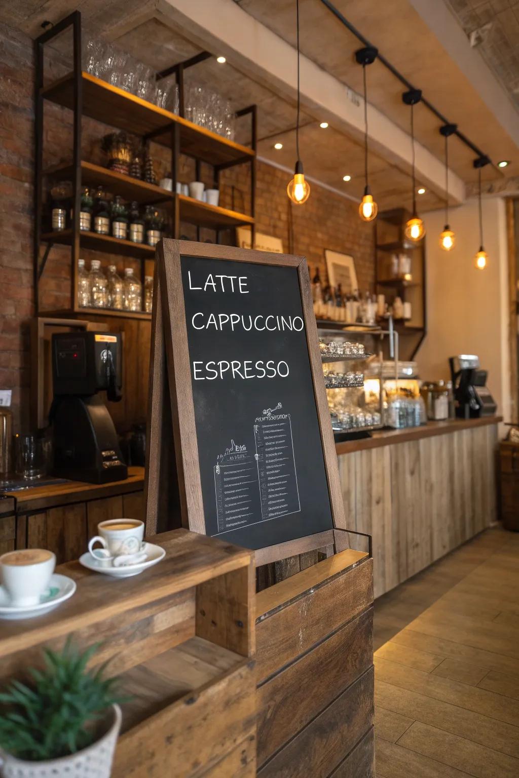 A coffee bar featuring a charming DIY slate menu.