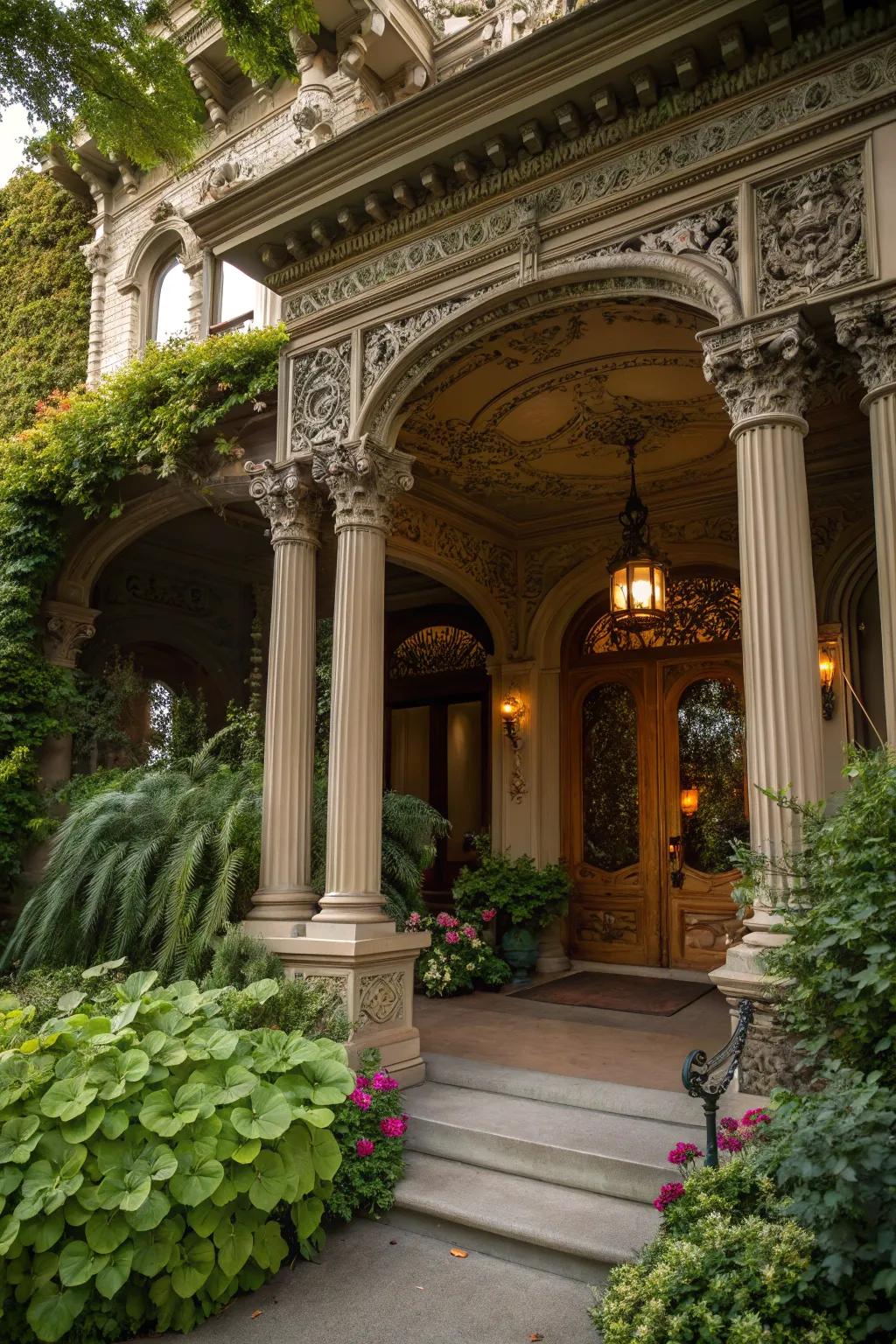 Ornately carved Victorian columns adding grandeur to a home's entrance.