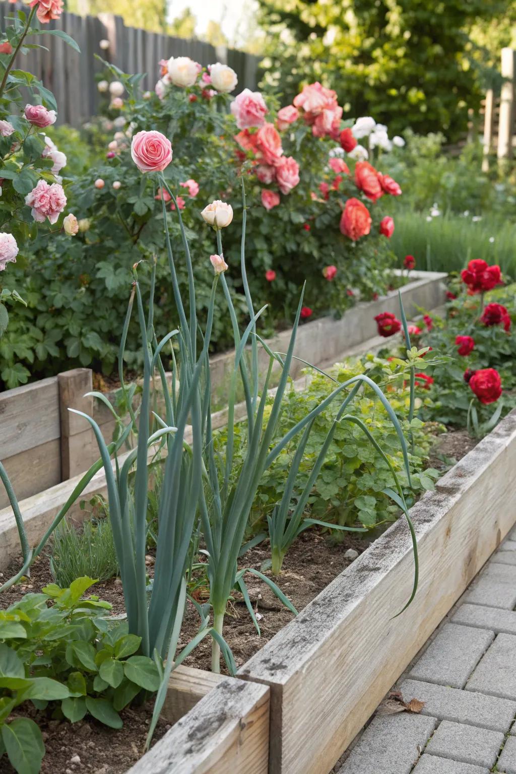 An effective garden pairing that is both unexpected and productive: roses and garlic.