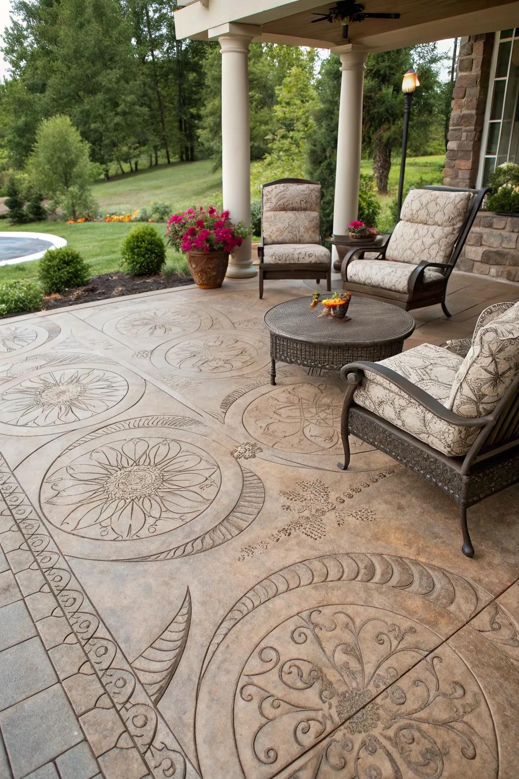 A stamped concrete patio showcasing intricate patterns and stylish outdoor seating.
