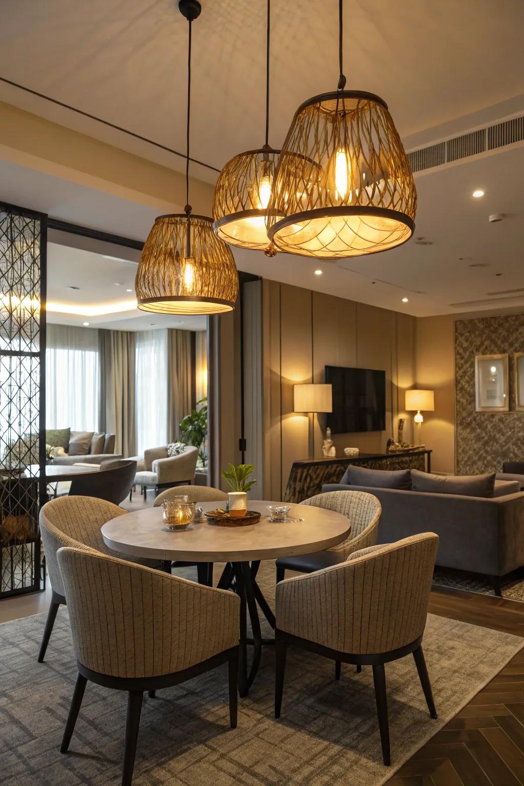 A condo interior with layered lighting, featuring pendant lights and floor lamps.