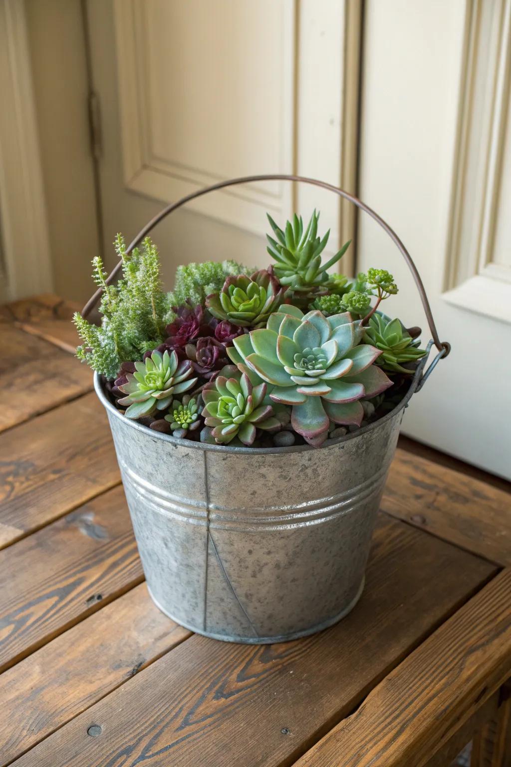 Elevate your plant game with rustic elegance: Metal buckets meet succulent beauty.