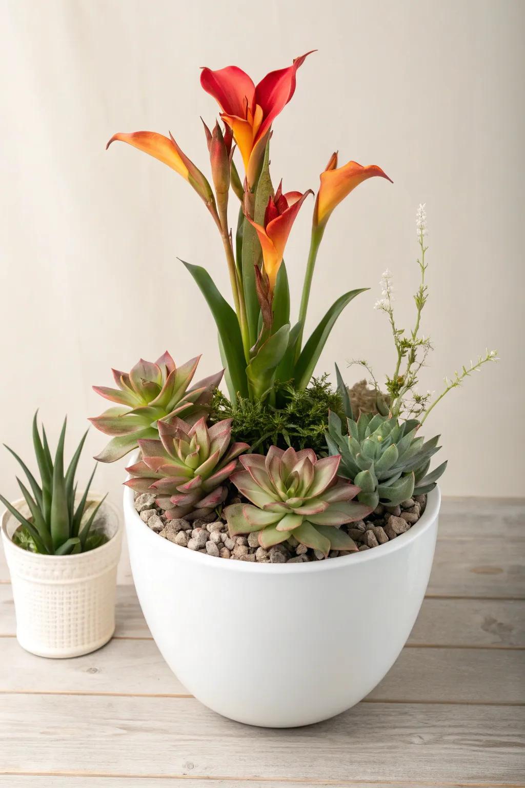 Elevate your garden space with a stunning Scandinavian-inspired canna lily and succulent pot arrangement—where simplicity meets unexpected beauty.
